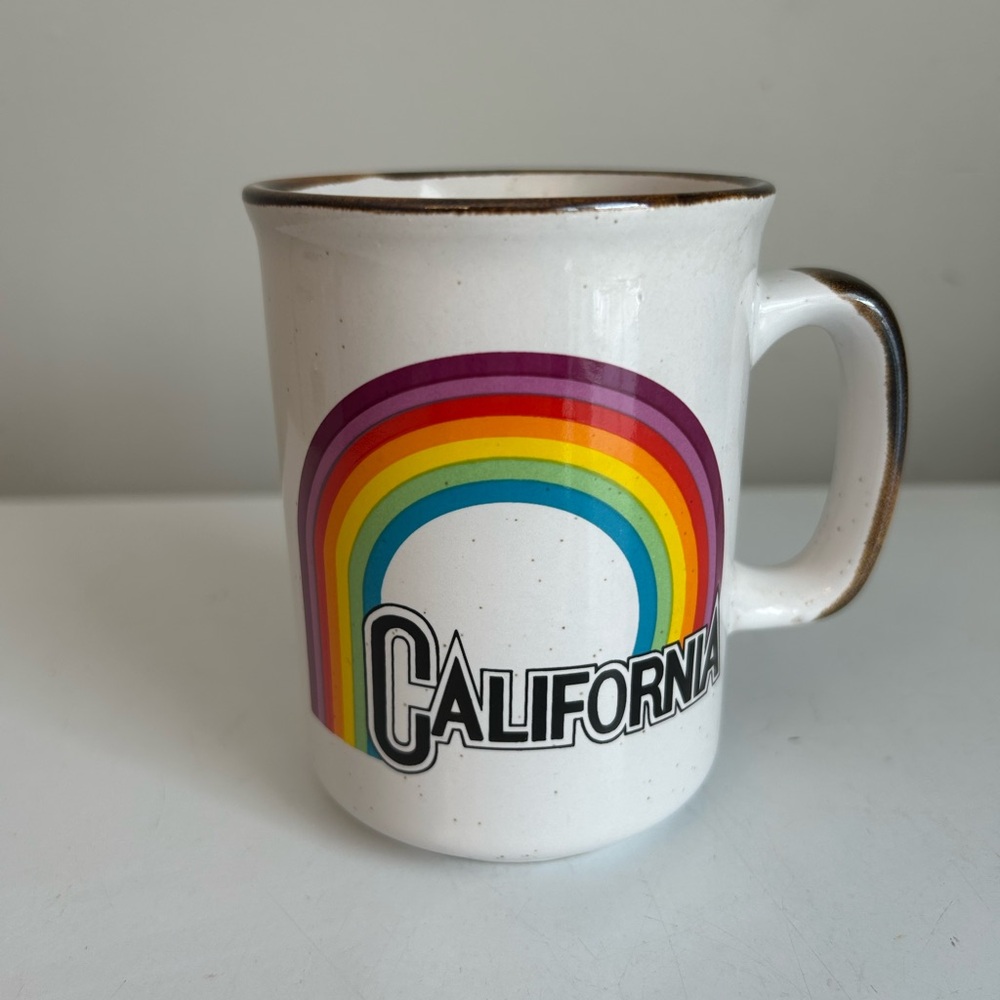 Vintage California Rainbow Pride Coffee Cup 4 Inches 70’s Stoneware‎ Rustic Boho